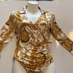 Jersey Print Baroque Rococco and Coin Bodysuit Stretch Women’s Size Large
